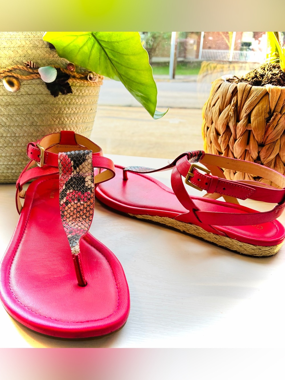 Cole Haan Pink T-Strap Sandals with Snake-Print Accent